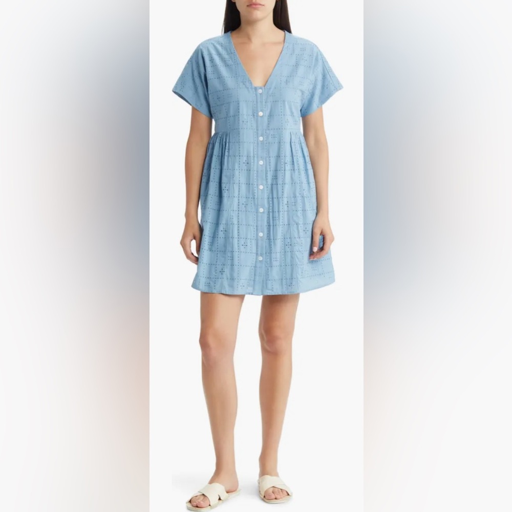 Madewell Light Blue Eyelet Button Front Babydoll Mini Dress Short Sleeve‎ S
